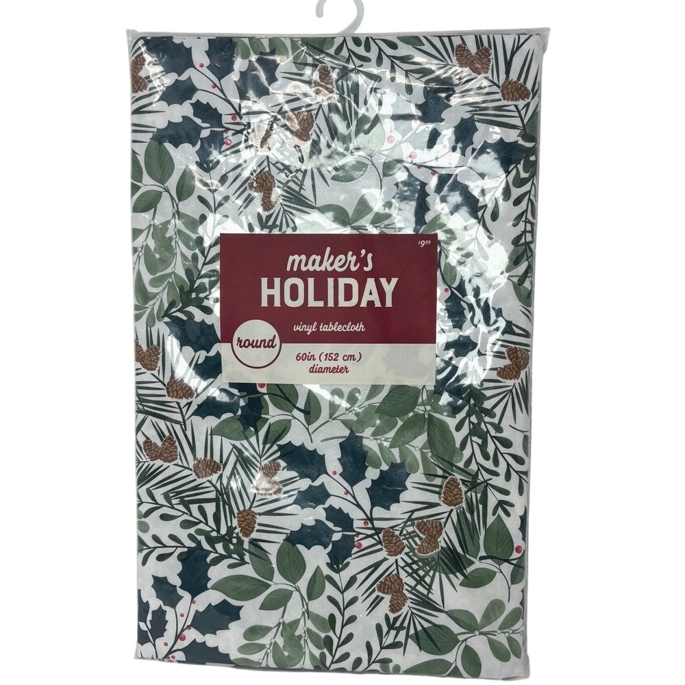Maker's Holiday Round Vinyl Tablecloth 60in Christmas Pinecone Holly Festive - Picture 6 of 6
